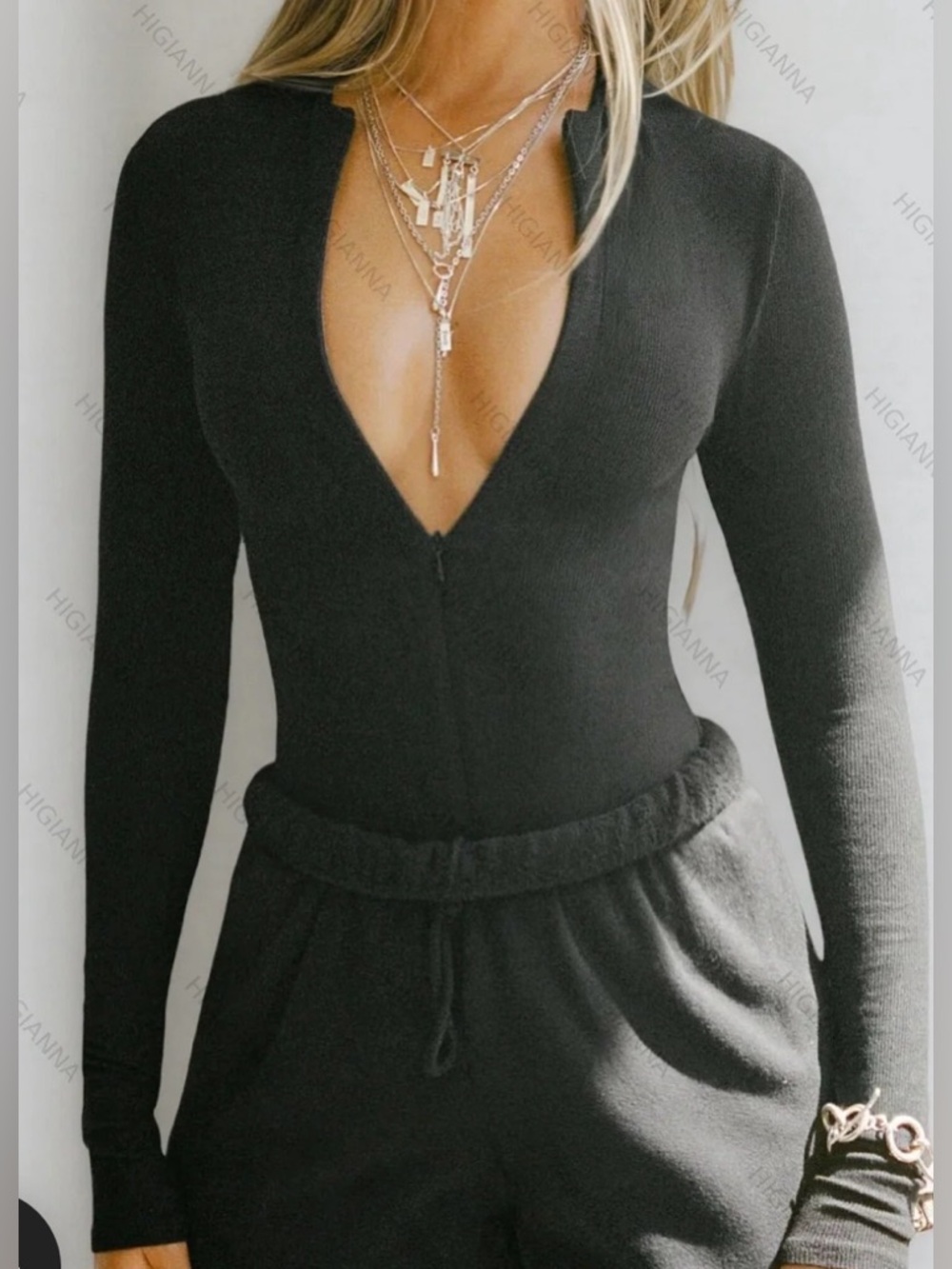 Ribbed Zip-Front Bodysuit in Black Sz L new - Picture 2 of 3